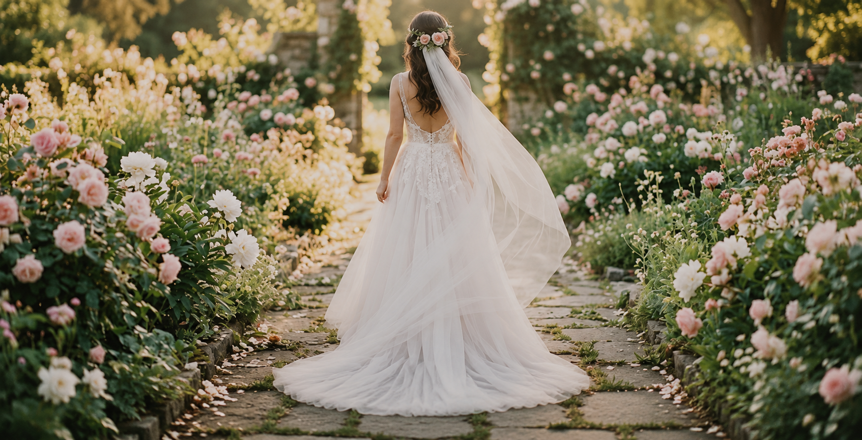 Bride walking through a rose garden in a tulle wedding gown