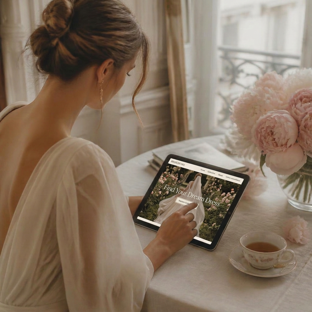 Bride-to-be browsing Bride Desire wedding dresses on a tablet at home