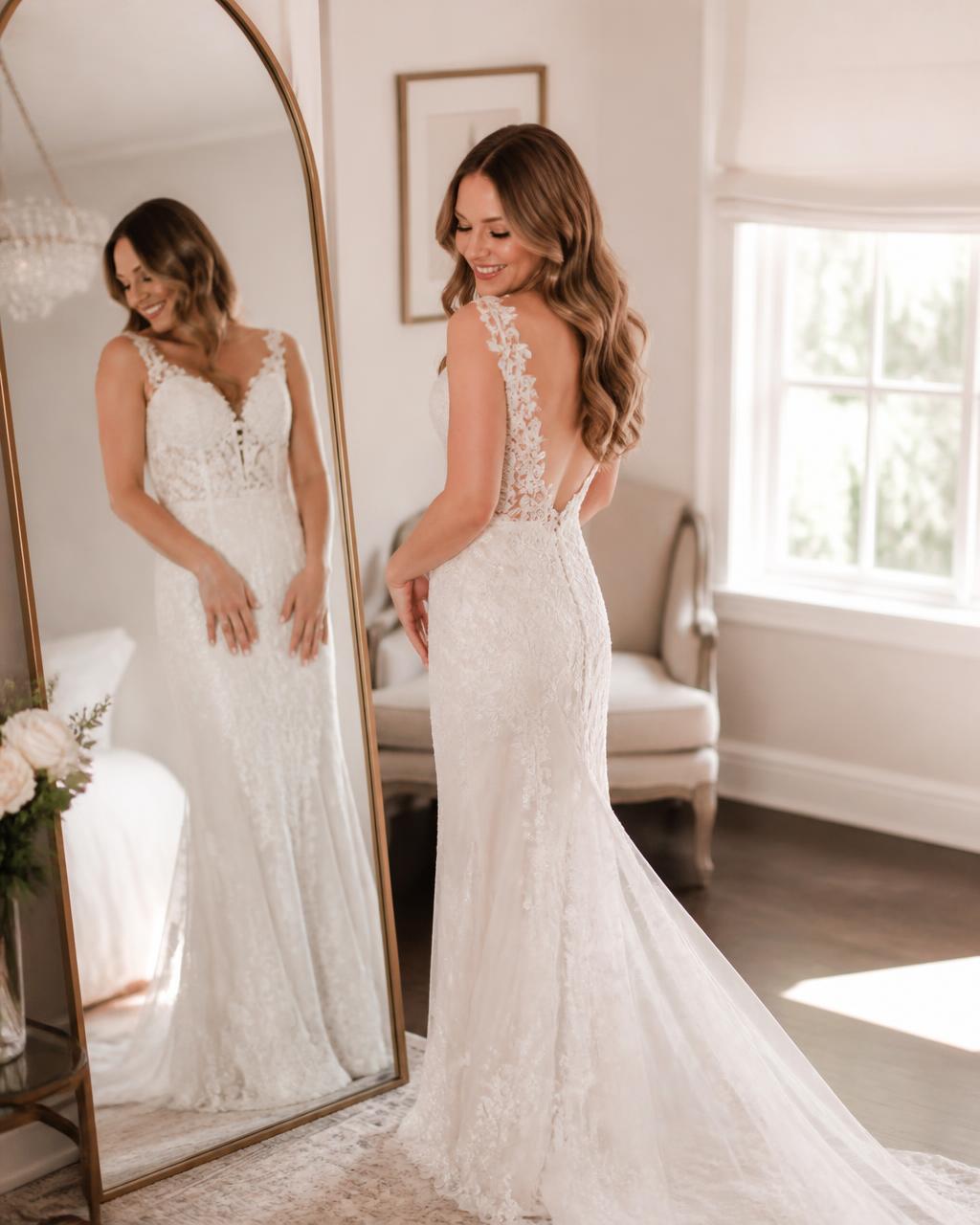 Bride trying on her wedding dress at home in front of a mirror