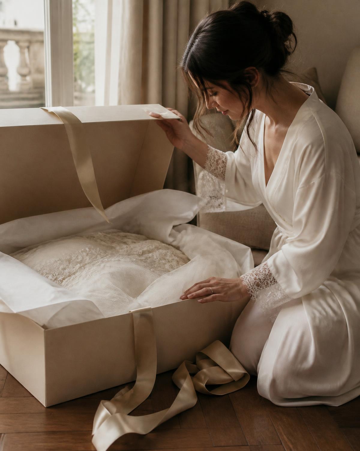 Bride opening the box with her new wedding dress at home