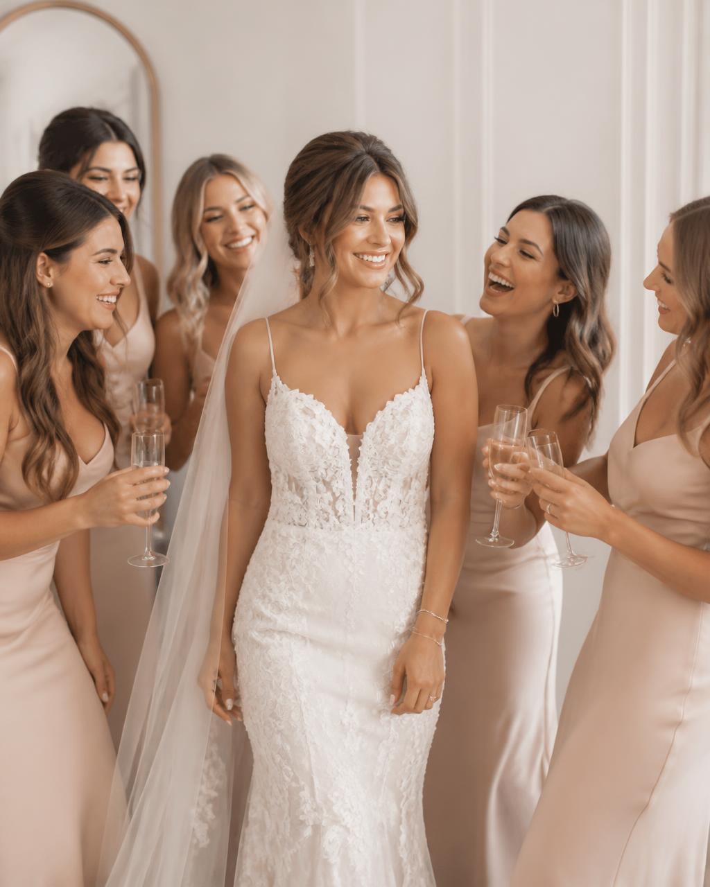 Bride ready on her wedding day surrounded by smiling bridesmaids